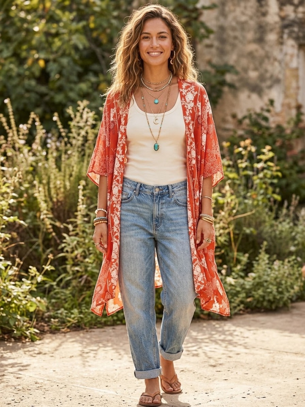 Angie Open Front Bohemian Floral Kimono Cardigan
